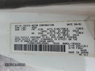 1991 Toyota Pickup DX с VIN JT4RN81P4M5126664, выставлен на аукционе Copart как лот 43876545 с пробегом 215 944 миль миль и Чистый • Clean title. История ставок и продаж доступна на DreamBid. Изображение 12.