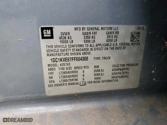 2015 Chevrolet Silverado 2500HD LT with VIN 1GC1KVE87FF604368, listed as a Copart auction lot 84713684 with 299,646 mi miles and Salvage Title. Bid and sale history available at carsss.com. Image 12.