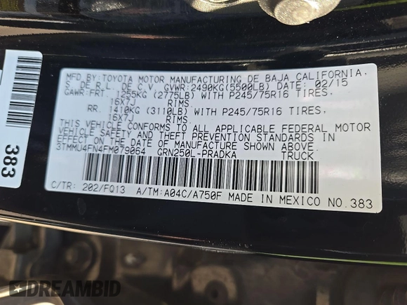 2015 Toyota Tacoma with VIN 3TMMU4FN4FM079064, listed as a IAAI auction lot 42246555 with 159,921 mi miles and . Bid and sale history available at DreamBid. Image 1.