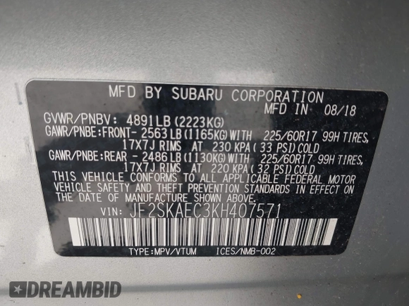 2019 Subaru Forester Premium with VIN JF2SKAEC3KH407571, listed as a IAAI auction lot 42285532 with 105,523 mi miles and . Bid and sale history available at DreamBid. Image 9.