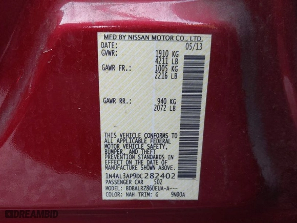 2013 Nissan Altima 2.5 S with VIN 1N4AL3AP9DC282402, listed as a IAAI auction lot 41953677 with 184,214 mi miles. Bid and sale history available at carsss.com. Image 9.