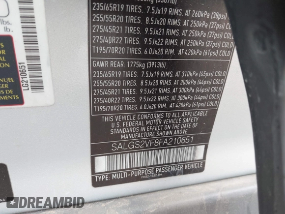 2015 Land Rover Range Rover HSE with VIN SALGS2VF8FA210651, listed as a IAAI auction lot 42199902 with 79,021 mi miles and . Bid and sale history available at DreamBid. Image 9.