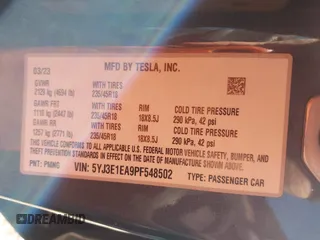 2023 Tesla Model 3 with VIN 5YJ3E1EA9PF548502, listed as a IAAI auction lot 41160649 with 28,759 mi miles and . Bid and sale history available at carsss.com. Image 9.