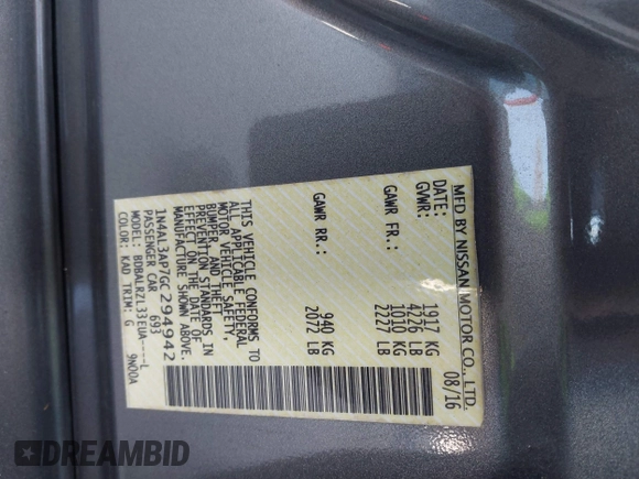 2016 Nissan Altima S with VIN 1N4AL3AP7GC294942, listed as a IAAI auction lot 42072679 with 125,371 mi miles and . Bid and sale history available at DreamBid. Image 9.