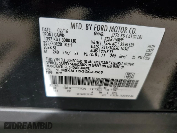 2016 Ford Explorer Limited with VIN 1FM5K8FH5GGC39505, listed as a Copart auction lot 50137955 with 54,884 mi miles and Salvage Title. Bid and sale history available at carsss.com. Image 14.