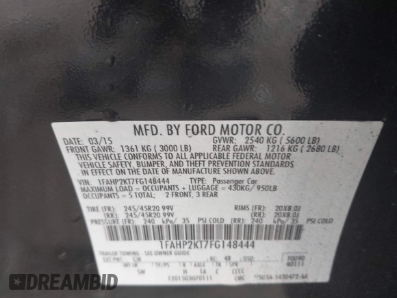 2015 Ford Taurus SHO with VIN 1FAHP2KT7FG148444, listed as a IAAI auction lot 40788614 with 121,533 mi miles and . Bid and sale history available at DreamBid. Image 9.