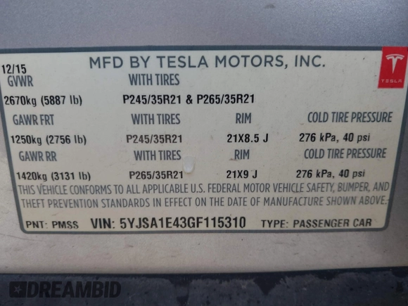 2016 Tesla Model S 90D with VIN 5YJSA1E43GF115310, listed as a IAAI auction lot 42002240 with 108,172 mi miles and . Bid and sale history available at DreamBid. Image 9.