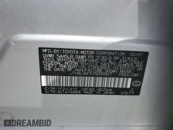 2007 Lexus LS 460 с VIN JTHBL46F575029007, выставлен на аукционе Copart как лот 57811295 с пробегом 117 619 миль миль и Списание • Salvage title. История ставок и продаж доступна на DreamBid. Изображение 12.
