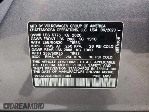 2024 Volkswagen Atlas SEL R-Line with VIN 1V2AE2CA0RC201364, listed as a Copart auction lot 59367255 with 13,638 mi miles and Salvage title. Bid and sale history available at DreamBid. Image 13.