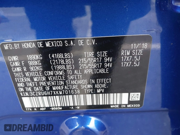 2019 Honda HR-V EX-L with VIN 3CZRU6H7XKM701638, listed as a IAAI auction lot 41900647 with 32,618 mi miles. Bid and sale history available at carsss.com. Image 9.