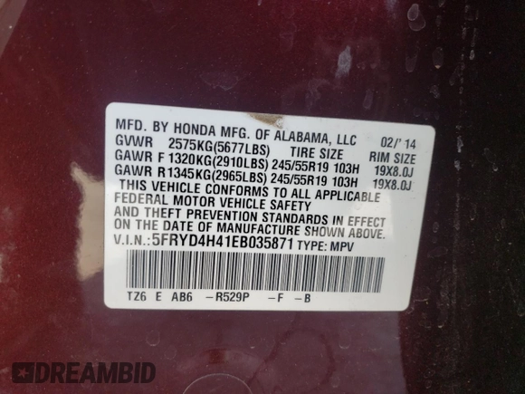 2014 Acura MDX Technology with VIN 5FRYD4H41EB035871, listed as a Copart auction lot 60826125 with Not provided miles and Non repairable. Bid and sale history available at DreamBid. Image 13.