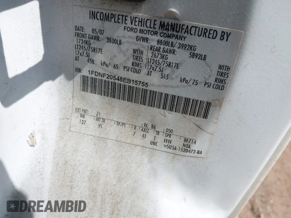 2008 Ford F-250 with VIN 1FDNF20548EB15755, listed as a IAAI auction lot 42426785 with Not provided miles and . Bid and sale history available at DreamBid. Image 9.