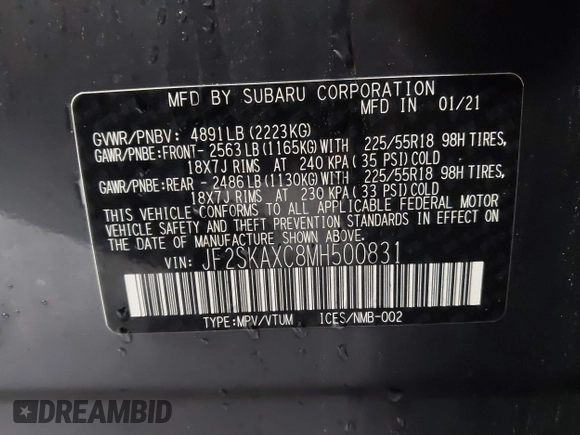 2021 Subaru Forester Touring with VIN JF2SKAXC8MH500831, listed as a IAAI auction lot 41564481 with 56,403 mi miles and . Bid and sale history available at DreamBid. Image 9.