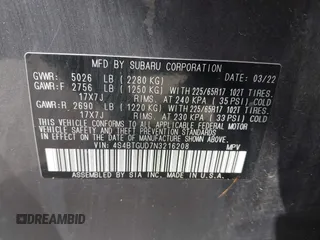 2022 Subaru Outback Wilderness с VIN 4S4BTGUD7N3216208, выставлен на аукционе IAAI как лот 41918716 с пробегом 47 690 миль миль и . История ставок и продаж доступна на DreamBid. Изображение 9.