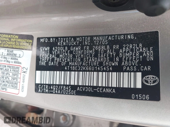 2006 Toyota Camry STD with VIN 4T1BE32K66U145454, listed as a IAAI auction lot 41667392 with 180,313 mi miles and . Bid and sale history available at DreamBid. Image 9.