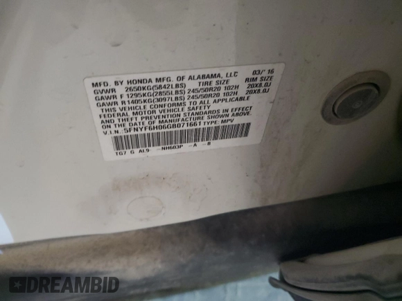 2016 Honda Pilot Elite with VIN 5FNYF6H06GB071661, listed as a Copart auction lot 47278245 with 226,194 mi miles and Salvage Title. Bid and sale history available at carsss.com. Image 13.