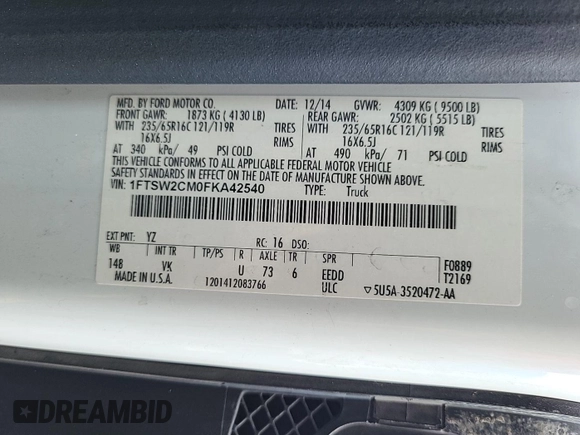 2015 Ford Transit with VIN 1FTSW2CM0FKA42540, listed as a IAAI auction lot 42843845 with 161,360 mi miles and . Bid and sale history available at DreamBid. Image 32.