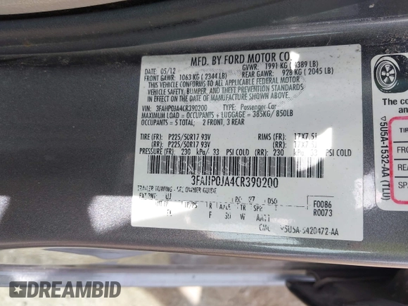 2012 Ford Fusion SEL with VIN 3FAHP0JA4CR390200, listed as a IAAI auction lot 42092002 with 180,839 mi miles and . Bid and sale history available at carsss.com. Image 9.