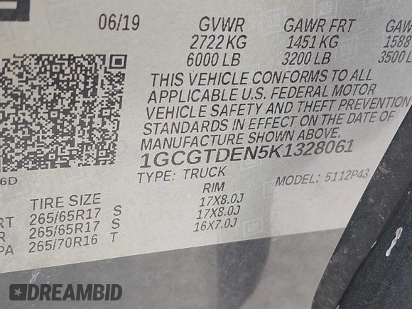 2019 Chevrolet Colorado 4WD Z71 with VIN 1GCGTDEN5K1328061, listed as a IAAI auction lot 42505934 with 76,520 mi miles and . Bid and sale history available at DreamBid. Image 9.