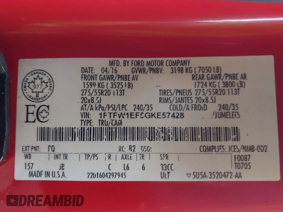 2016 Ford F-150 XLT with VIN 1FTFW1EF5GKE57428, listed as a IAAI auction lot 42314008 with 149,853 mi miles and . Bid and sale history available at DreamBid. Image 9.