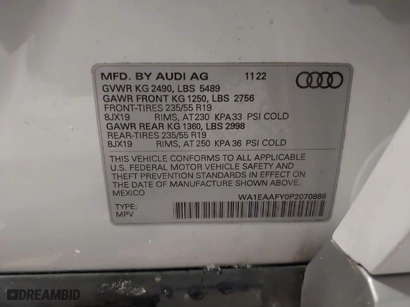 2023 Audi Q5 S line Premium Plus with VIN WA1EAAFY0P2070886, listed as a IAAI auction lot 41373737 with 16,705 mi miles. Bid and sale history available at carsss.com. Image 9.