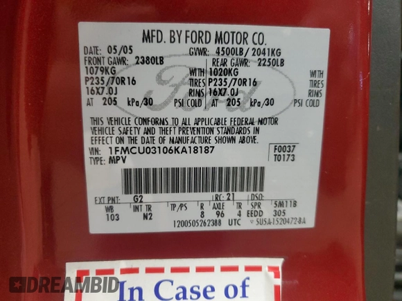 2006 Ford Escape XLT with VIN 1FMCU03106KA18187, listed as a Copart auction lot 56409005 with 112,310 mi miles and Non repairable. Bid and sale history available at DreamBid. Image 14.