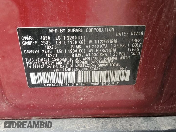 2018 Subaru Outback Limited with VIN 4S4BSENC6J3357634, listed as a Copart auction lot 63216895 with 84,738 mi miles and Salvage title. Bid and sale history available at DreamBid. Image 13.
