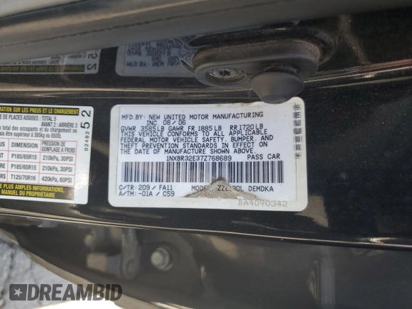 2007 Toyota Corolla CE with VIN 1NXBR32E37Z768689, listed as a Copart auction lot 61269815 with 299,553 mi miles and Salvage title. Bid and sale history available at DreamBid. Image 12.