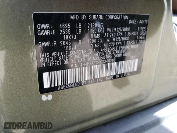 2019 Subaru Outback Touring with VIN 4S4BSATC4K3348296, listed as a Copart auction lot 63071615 with 114,285 mi miles and Salvage title. Bid and sale history available at DreamBid. Image 13.