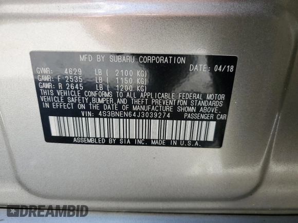 2018 Subaru Legacy Limited with VIN 4S3BNEN64J3039274, listed as a Copart auction lot 43260415 with 0 mi miles and Salvage Title. Bid and sale history available at carsss.com. Image 13.