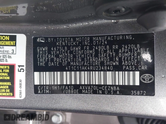 2024 Toyota Camry LE with VIN 4T1C11AK4RU234840, listed as a IAAI auction lot 41544607 with 30,835 mi miles. Bid and sale history available at carsss.com. Image 9.