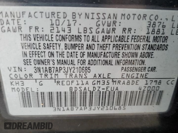 2018 Nissan Sentra SV with VIN 3N1AB7AP3JY210685, listed as a Copart auction lot 86645524 with 49,684 mi miles and Salvage Title. Bid and sale history available at DreamBid. Image 15.