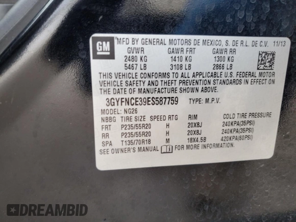 2014 Cadillac SRX Performance Collection with VIN 3GYFNCE39ES587759, listed as a Copart auction lot 87953485 with 109,327 mi miles and Salvage Title. Bid and sale history available at carsss.com. Image 13.
