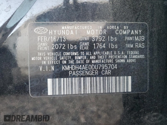 2013 Hyundai Elantra Limited with VIN KMHDH4AE0DU795704, listed as a Copart auction lot 50978605 with 142,888 mi miles and Salvage Title. Bid and sale history available at carsss.com. Image 12.