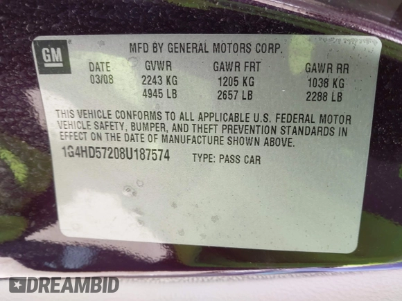 2008 Buick Lucerne CXL with VIN 1G4HD57208U187574, listed as a IAAI auction lot 41868836 with 122,602 mi miles and . Bid and sale history available at DreamBid. Image 9.