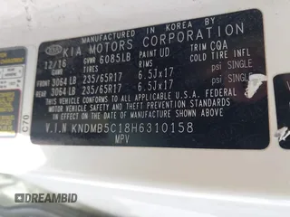 2017 Kia Sedona LX with VIN KNDMB5C18H6310158, listed as a IAAI auction lot 41808613 with 169,383 mi miles. Bid and sale history available at carsss.com. Image 9.