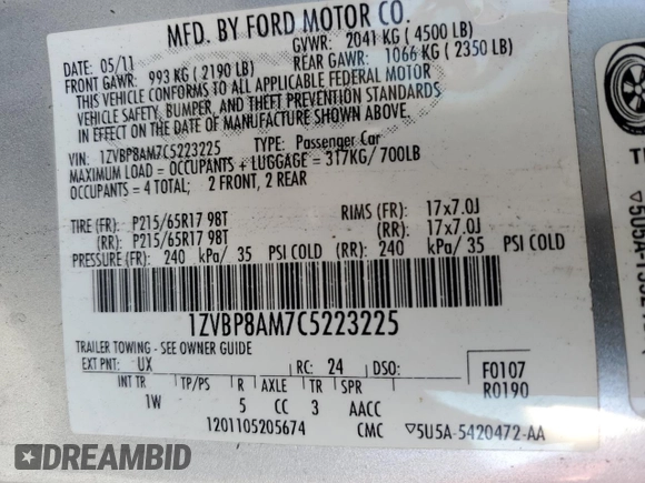 2012 Ford Mustang V6 Premium with VIN 1ZVBP8AM7C5223225, listed as a Copart auction lot 53139935 with 122,982 mi miles and Salvage Title. Bid and sale history available at carsss.com. Image 15.