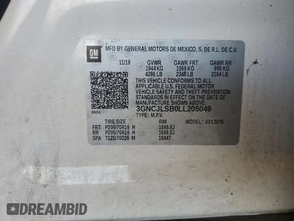 2020 Chevrolet Trax LT z VIN 3GNCJLSB0LL205049, wystawiony jako Copart lot #52937175 z przebiegiem 48 262 mil mil oraz Szkoda całkowita • Salvage title. Historia ofert i sprzedaży dostępna na DreamBid. Obrazek 15.