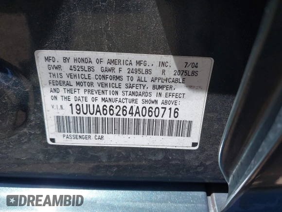 2004 Acura TL with VIN 19UUA66264A060716, listed as a IAAI auction lot 42120663 with 175,765 mi miles. Bid and sale history available at carsss.com. Image 9.