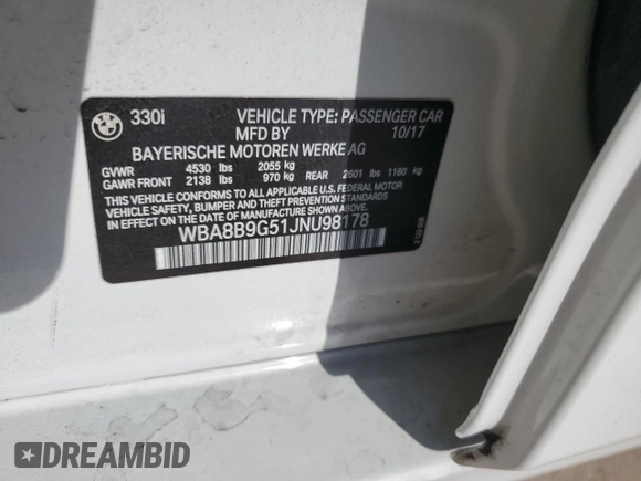 2018 BMW 3 Series 330i z VIN WBA8B9G51JNU98178, wystawiony jako Copart lot #52147575 z przebiegiem 66 695 mil mil oraz Szkoda całkowita • Salvage title. Historia ofert i sprzedaży dostępna na DreamBid. Obrazek 14.