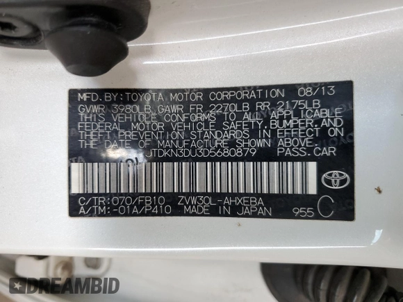 2013 Toyota Prius One with VIN JTDKN3DU3D5680879, listed as a Copart auction lot 63766415 with 223,849 mi miles and Clean title. Bid and sale history available at DreamBid. Image 12.