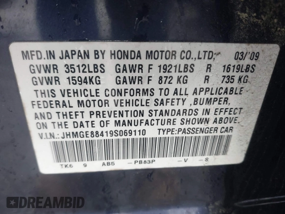 2009 Honda Fit Sport with VIN JHMGE88419S069110, listed as a IAAI auction lot 41981489 with 113,724 mi miles. Bid and sale history available at carsss.com. Image 9.