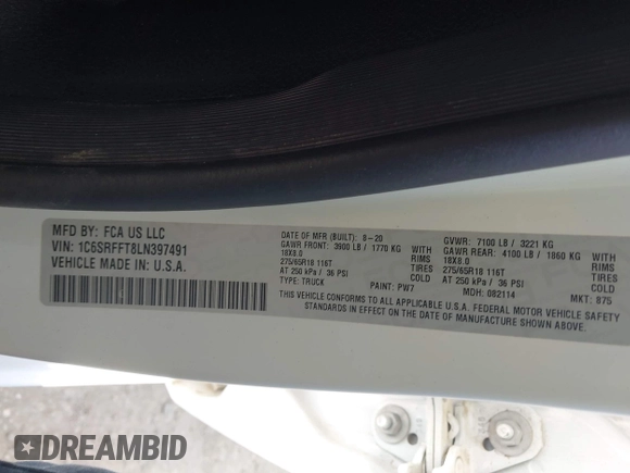 2020 Ram 1500 Big Horn with VIN 1C6SRFFT8LN397491, listed as a IAAI auction lot 42543417 with 74,639 mi miles and . Bid and sale history available at DreamBid. Image 9.