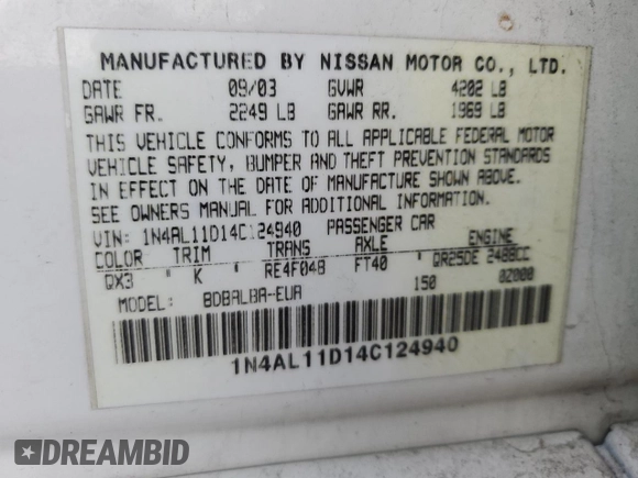 2004 Nissan Altima S with VIN 1N4AL11D14C124940, listed as a Copart auction lot 49412805 with 208,058 mi miles and Salvage Title. Bid and sale history available at carsss.com. Image 12.