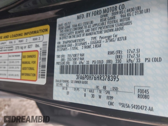2017 Ford Fusion SE with VIN 3FA6P0H76HR378395, listed as a IAAI auction lot 41478073 with 40,905 mi miles. Bid and sale history available at carsss.com. Image 9.