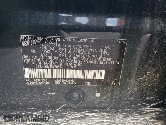 2012 Toyota RAV4 with VIN 2T3BF4DV1CW208571, listed as a Copart auction lot 62020025 with 110,445 mi miles and Salvage title. Bid and sale history available at DreamBid. Image 13.