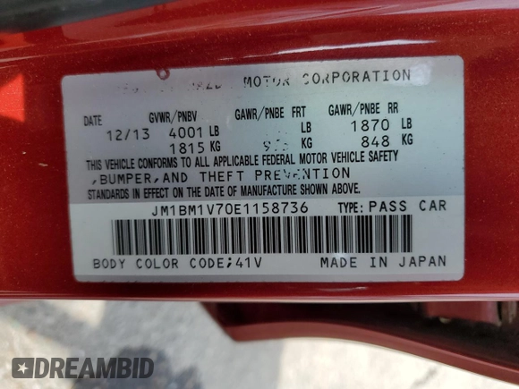 2014 Mazda 3 i Touring with VIN JM1BM1V70E1158736, listed as a Copart auction lot 57340525 with 160,932 mi miles and Salvage title. Bid and sale history available at DreamBid. Image 13.