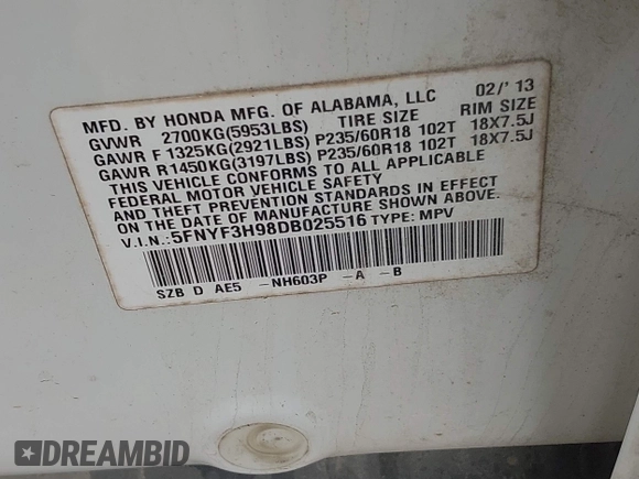 2013 Honda Pilot Touring with VIN 5FNYF3H98DB025516, listed as a IAAI auction lot 41767097 with 202,908 mi miles and . Bid and sale history available at DreamBid. Image 9.