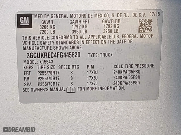2015 Chevrolet Silverado 1500 LT with VIN 3GCUKREC4FG445820, listed as a IAAI auction lot 41844159 with 141,530 mi miles. Bid and sale history available at carsss.com. Image 9.