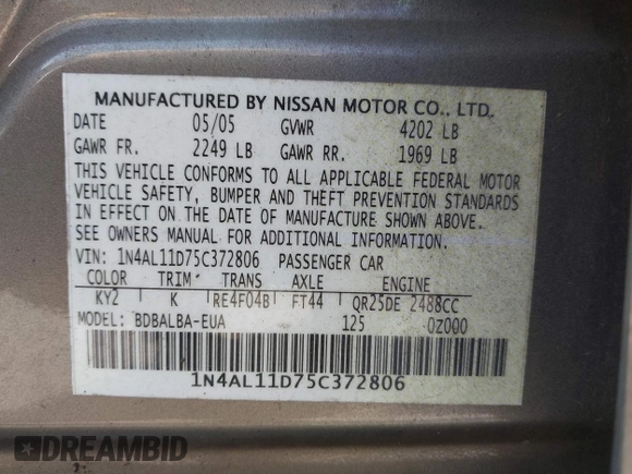 2005 Nissan Altima S with VIN 1N4AL11D75C372806, listed as a IAAI auction lot 42731445 with 158,925 mi miles and . Bid and sale history available at DreamBid. Image 9.